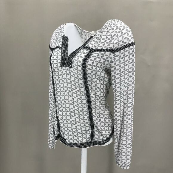 Gap Women's V Neck Geometric Print Popover Blouse Sz XS White Black Long Sleeve - Picture 3 of 8